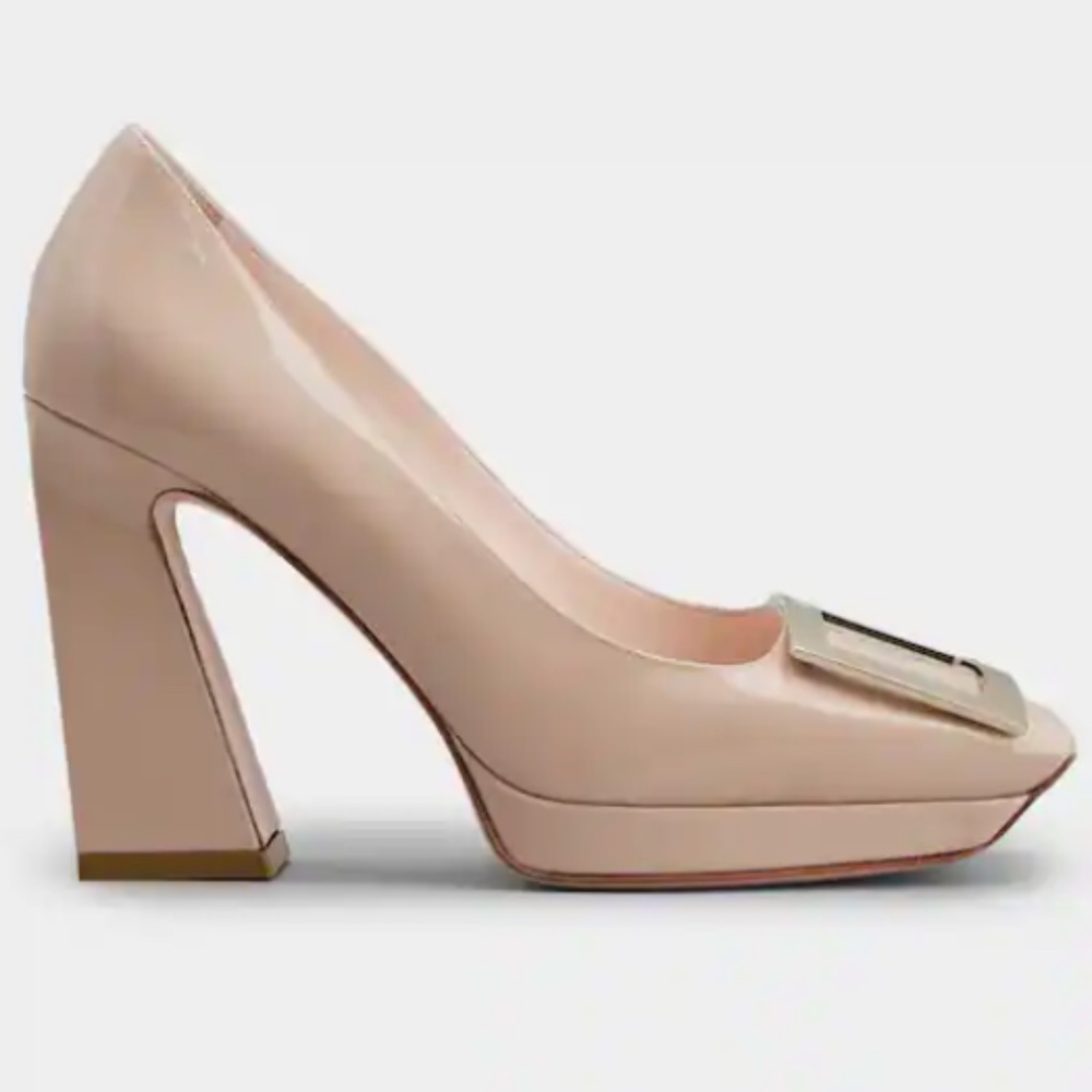 Roger Vivier Viv' Square Metal Buckle Platform Pumps in Patent Nude Leather
